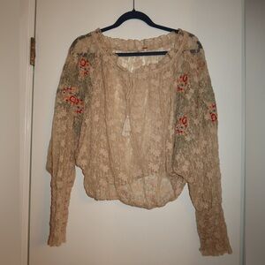 Free People Beige Floral Embroidered Blouse